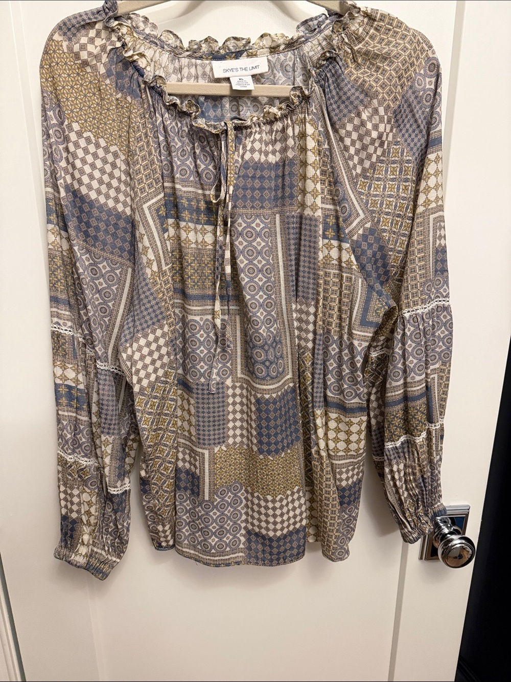 Skye's the Limit Blue, Cream & Gold Patchwork Peasant Blouse